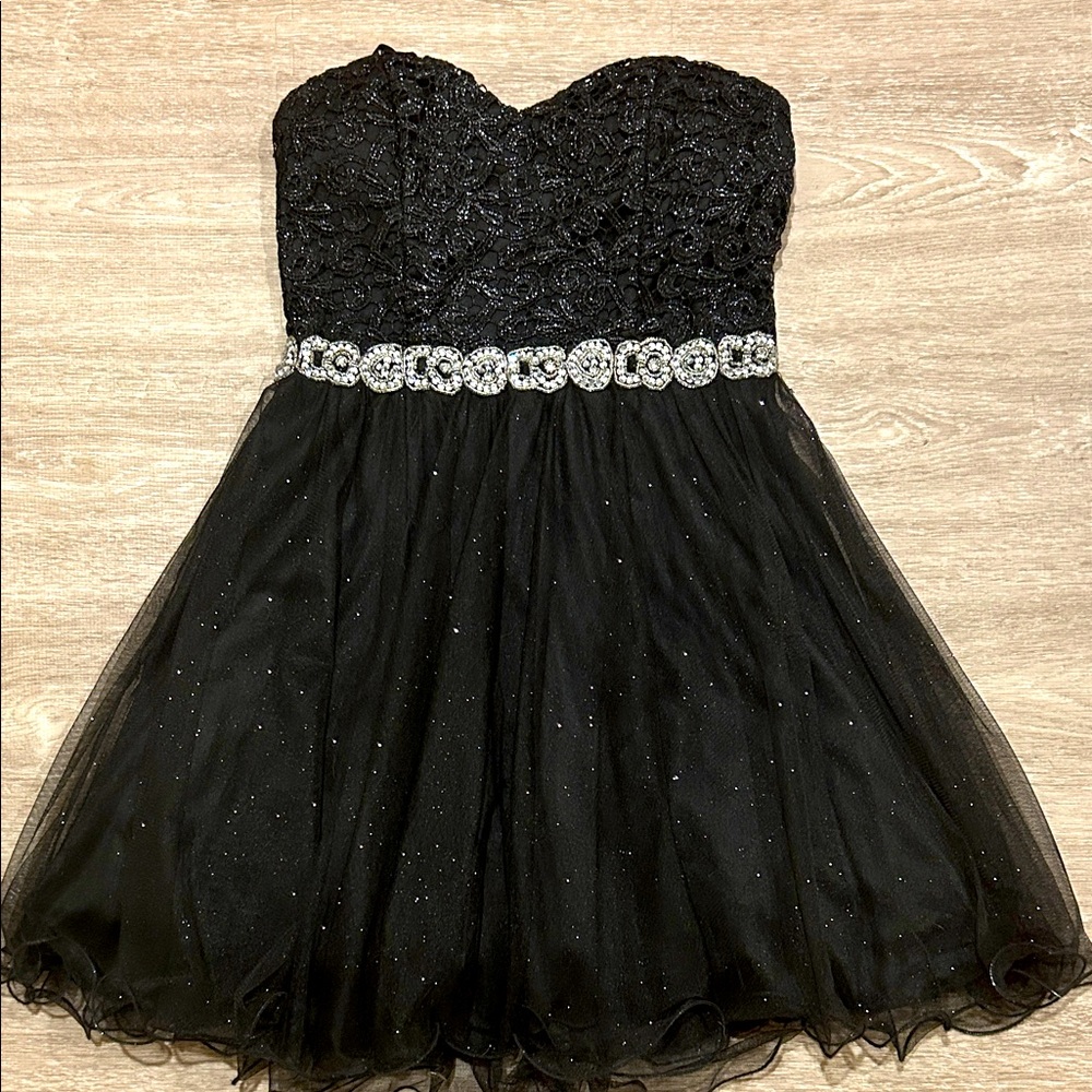 City Studio Strapless Dress–Black Sparkle A-Line with Rhinestone Detail (EUC); 9